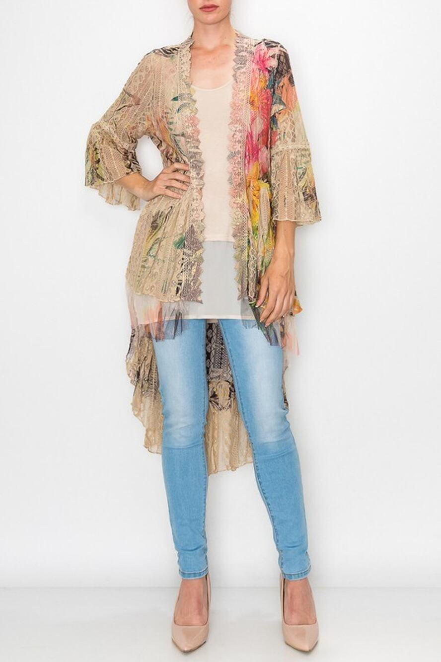 Origami Taupe Tropical Hi-Lo Cardigan Small